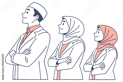 Young Muslim Employees in Line Minimalist Sketch for Diversity Illustration