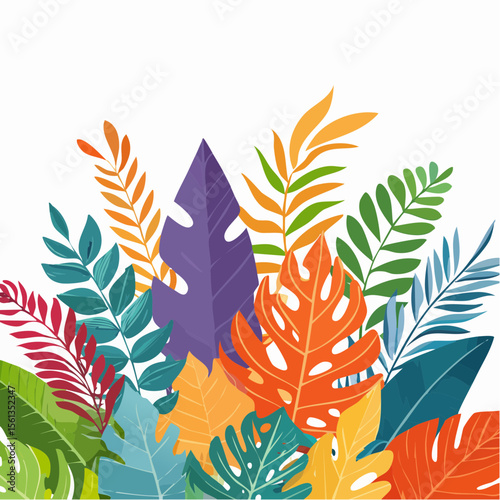 Stylized illustration of bold tropical plants in vibrant saturated hues