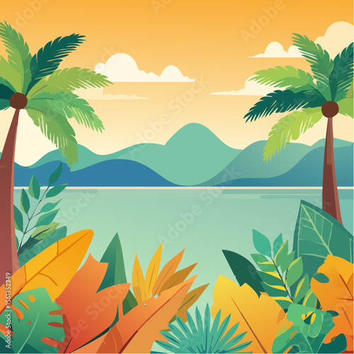 Stylized illustration of bold tropical plants in vibrant saturated hues