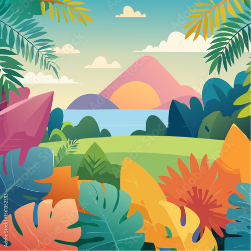 Stylized illustration of bold tropical plants in vibrant saturated hues