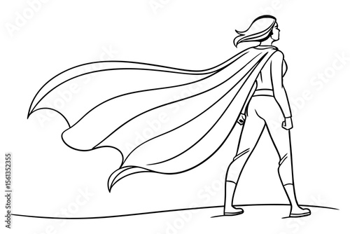 Female Superhero with Cloak in Wind Minimalist Line Drawing Empowerment Art