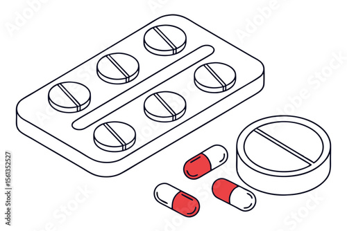 Capsules and Pills Isometric Line Icon Set Minimal Medical Illustration