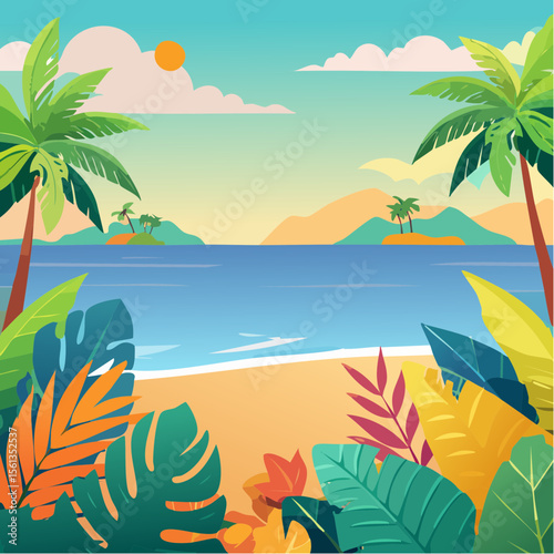 Stylized illustration of bold tropical plants in vibrant saturated hues