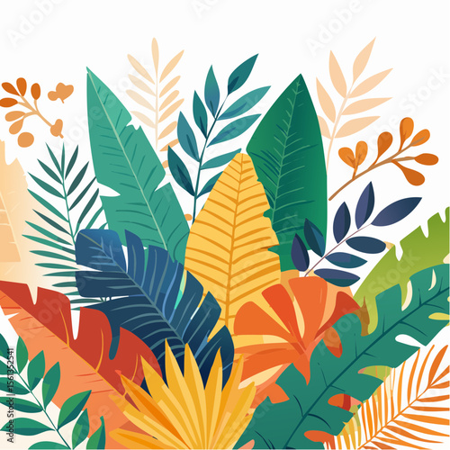 Stylized illustration of bold tropical plants in vibrant saturated hues