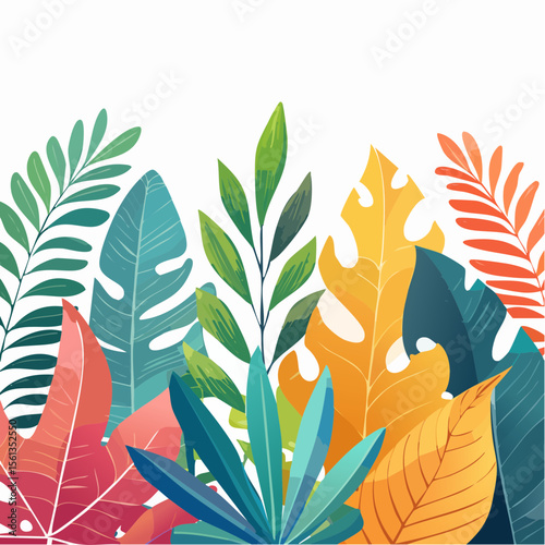 Stylized illustration of bold tropical plants in vibrant saturated hues