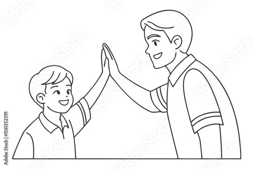 Young Father and Son High Five Gesture Line Drawing for Parenting Theme
