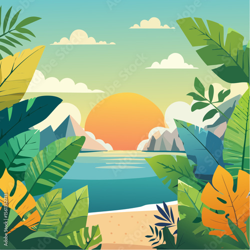 Stylized illustration of bold tropical plants in vibrant saturated hues