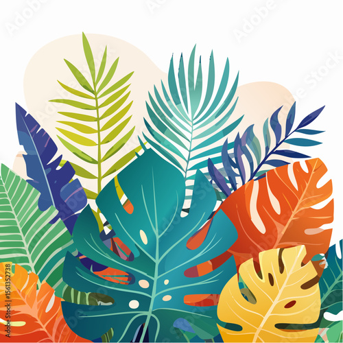 Stylized illustration of bold tropical plants in vibrant saturated hues