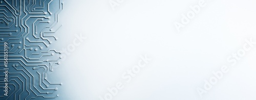 Abstract blue circuit board design on left side with clean white light background for technology concept, poster template or tech promotion mockup.