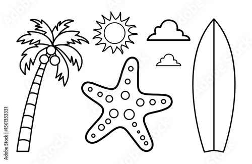 Collection of black and white summer beach vectors including a palm tree sun clouds starfish and surfboard. SVG
