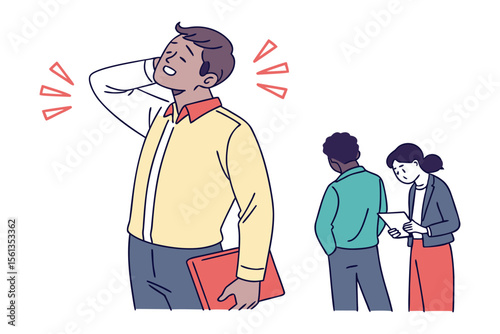 Neck Pain Illustration: Depicts a man experiencing neck pain in an illustrative style, with two other individuals observing nearby, suggesting workplace discomfort or health concern.