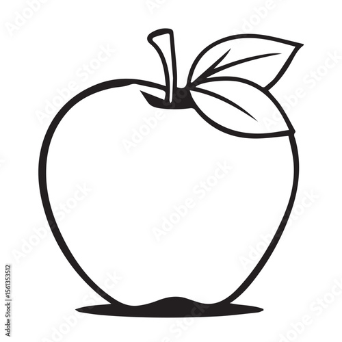 Simple black and white outline drawing of a ripe apple with two leaves and a stem on a white background