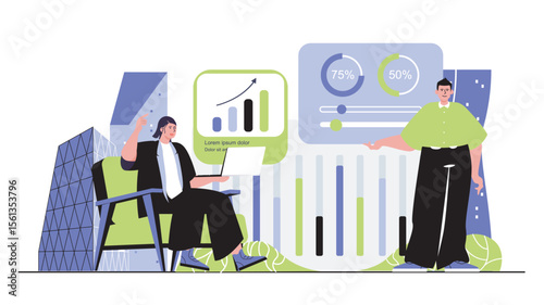 Business activities concept for modern web design. People developing company in team, analyzing data graph, planning strategy, brainstorming. Flat vector illustration isolated on white background.