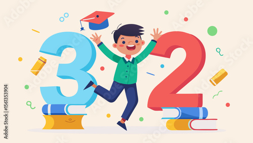 Cute Classroom Illustration: Happy student jumping with books and confetti