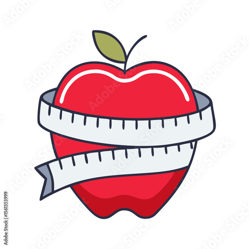 Red apple wrapped in measuring tape symbolizing health and nutrition  