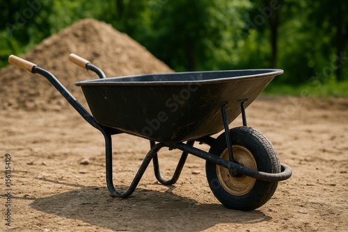 A black wheelbarrow sits on sandy ground with a pile of dirt and green trees in the background photo