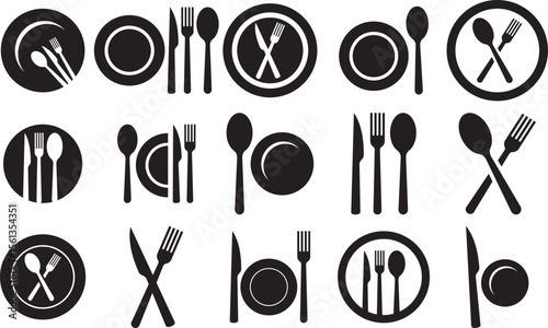  Cutlery Set Vector Illustration – Spoon, Fork, Knife, and Plate Full Dinner Table Setting.
