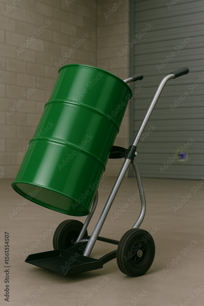 Fototapeta premium Shiny green metal barrel on a silver hand truck dolly with black wheels