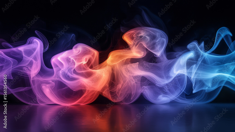 Obraz premium Mystical mist. Swirling smoke in dark and light symphony. Fluid fantasia. Abstract dance of fog and light on floor with black background