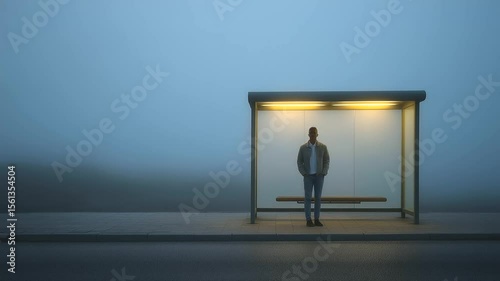 A person waiting at a foggy bus stop in silence and solitude