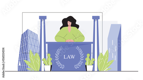 Law office concept for modern web design. People works as lawyers, offers services for business or company, documents execution, legal advice. Flat vector illustration isolated on white background.