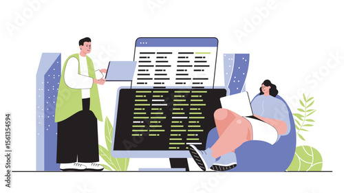 Programmer concept for modern web design. People developers creating code, developing programs and software, testing applications on screens. Flat vector illustration isolated on white background.