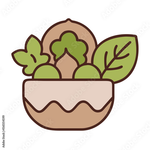Fresh salad bowl with greens and vegetables in colorful illustration  