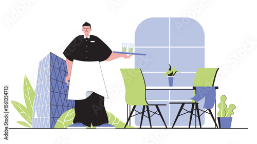 Restaurant concept for modern web design. People having dinner at cafe, waiter carries menu and glasses, serving romantic date or evening dining. Flat vector illustration isolated on white background.