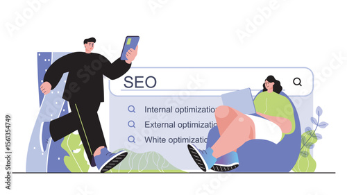 Seo optimization concept for modern web design. People adjusting search engine with keywords, searching queries and increase website traffic. Flat vector illustration isolated on white background.