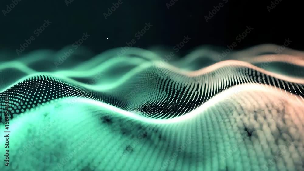 Gentle oscillating dots in pastel green and rose ash over a dark surface
