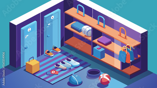 Happy Kids School Scene: Simple isometric locker room with bags and sp