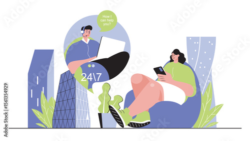 Support center concept for modern web design. People advising and helping customers around clock, answering calls and online messages in chats. Flat vector illustration isolated on white background.