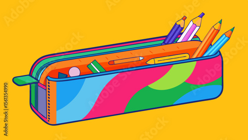 Cute Classroom Illustration: Bright and colorful pencil case with open zip