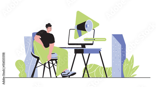 Video marketing concept for modern web design. People creating content with advertising information, promoting online, attracting new clients. Flat vector illustration isolated on white background.