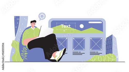 Web development concept for modern design. People developers creating website layout, placing graphic elements, making application template. Flat vector illustration isolated on white background.