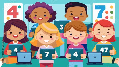 Colorful Learning Elements: Kids using tablets together in a tech friendl