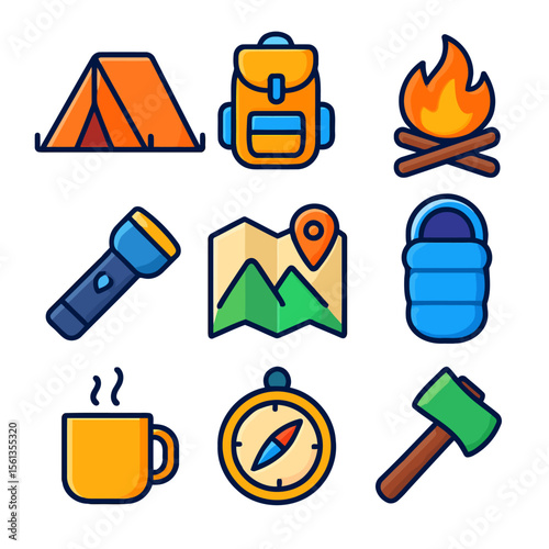 Outdoor Camping Icon Set – Tent, Fire, Backpack for Travel or Survival Themes. Designed for adventure blogs, survival guides, hiking apps, or gear shops.

