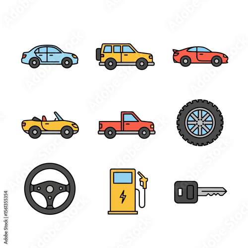Transportation and Vehicle Icon Set – Cars, Steering, Gas for Auto Service Design. Suitable for automotive websites, driving schools, and transport services.

