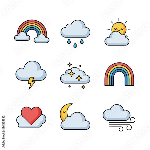 Weather and Emotion Icon Set – Clouds, Rainbows, Hearts for Kids and Forecast Apps. Great for educational media, mood tracking apps, or playful weather apps.