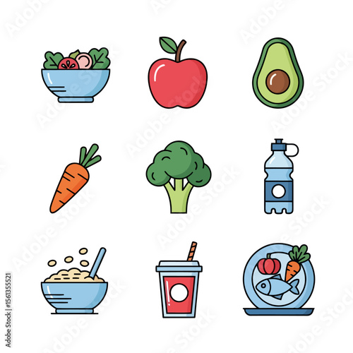 Healthy Food & Diet Icons – Cartoon Wellness Set. Ideal for food diaries, nutrition guides, health apps, or children’s food education.
