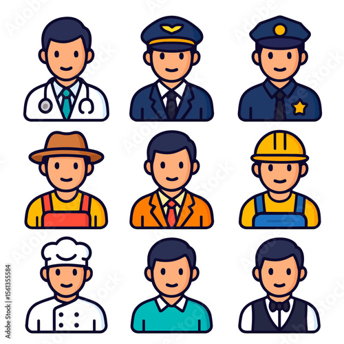 Professions & Occupations Icon Set – Cartoon Character Pack. Great for career guides, educational content, or infographic design.