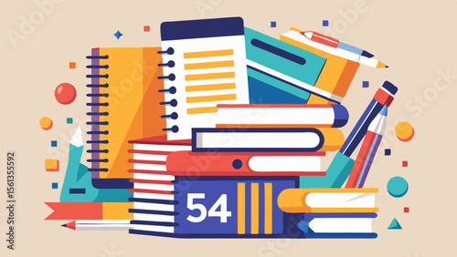Modern School Supplies Vector: Stack of spiral notebooks with creative stati