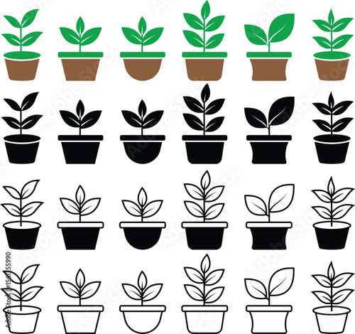 Bush potted plant flat and line icon set. Silhouette growing home plant, seedling for decorating interior with nature, planting with cultivation in vectors garden. Symbol of growth, freshness and eco.