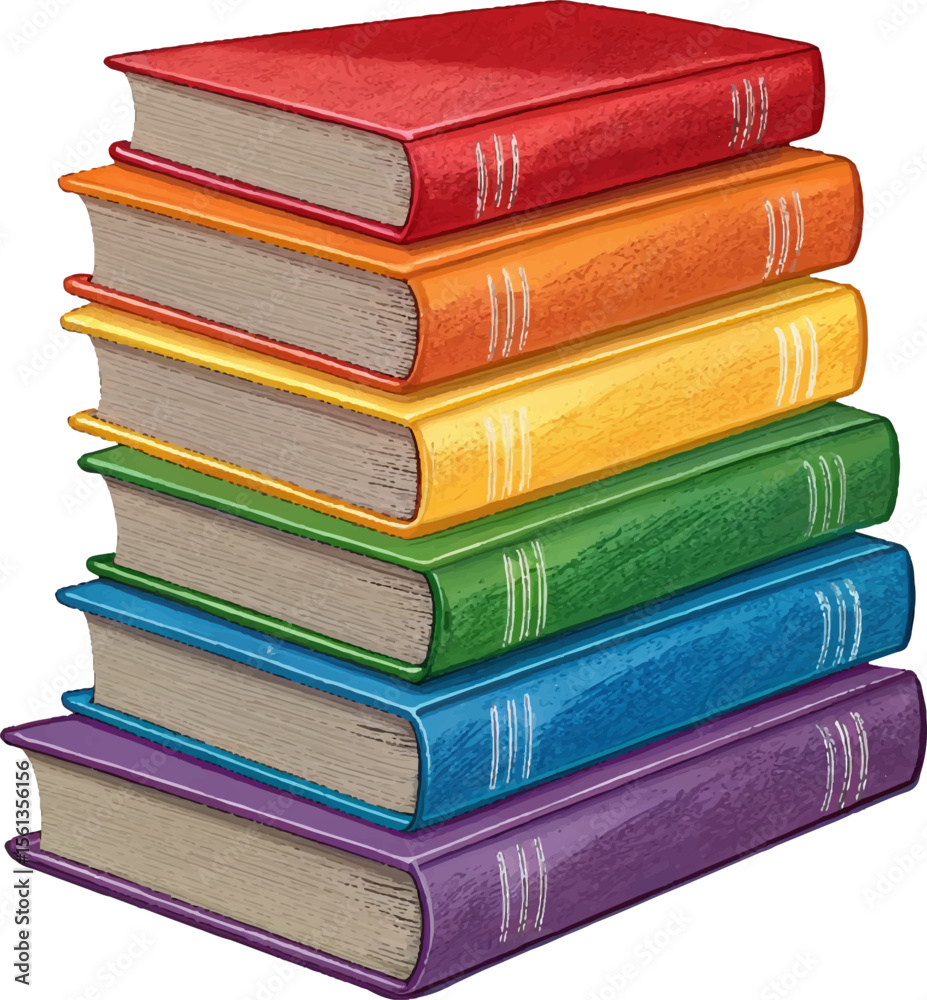 Image is a digital illustration featuring a stack of six books each with a distinct color. The books are arranged in a neat vertical stack with the top book being red followed by orange yellow green b