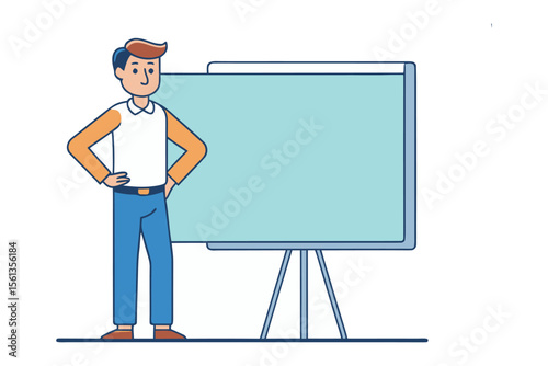 Presentation & Presentation: An illustration of a person, likely an educator or presenter, stands beside a blank board. The minimalist approach conveys a sense of calm.
