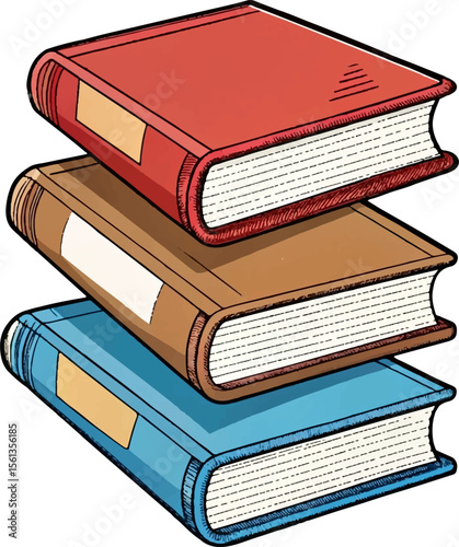 Image is a digital illustration featuring a stack of six books each with a distinct color. The books are arranged in a neat vertical stack with the top book being red followed by orange yellow green b