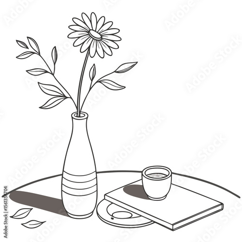 A simple line drawing of a daisy in a vase with a cup on a book on a table with leaves around it