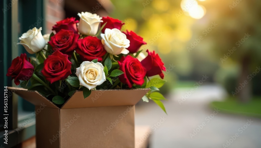 Obraz premium Red & white flowers in carton box, porch delivery , summer, bouquet