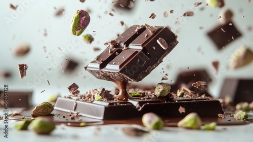 Dubai Chocolate Kunafa Pistachio on white background,Dubai Chocolate bar with green kadayif and pistachio spread,popular and viral chocolate 2024,space for text.