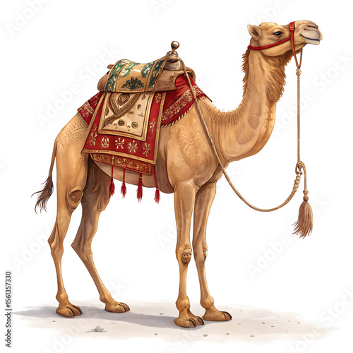 Full-body light brown Eid camel with ceremonial saddle and festive decorations, shown in side profile, featuring traditional adornments and a culturally rich design.